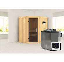 Elementsauna Karibu Maurin inkl. 9 kW Bio Ofen u.ext.Steuerung ohne Dachkranz mit graphitfarbeneer Ganzglastüre