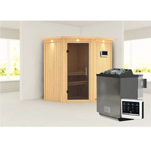 Elementsauna Karibu Maurin inkl. 9 kW Bio Ofen u.ext.Steuerung mit Dachkranz und graphitfarbeneer Ganzglastüre