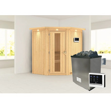 Elementsauna Karibu Maurin inkl. 9 kW Ofen u.ext.Steuerung mit Dachkranz und Holztüre mit Isolierglas wärmegedämmt