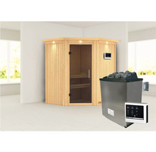 Elementsauna Karibu Maurin inkl. 9 kW Ofen u.ext.Steuerung mit Dachkranz und graphitfarbeneer Ganzglastüre