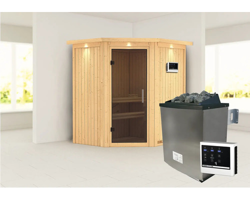 Elementsauna Karibu Maurin inkl. 9 kW Ofen u.ext.Steuerung mit Dachkranz und graphitfarbiger Ganzglastüre