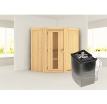 Elementsauna Karibu Maurin inkl. 9 kW Ofen u.integr.Steuerung ohne Dachkranz mit Holztüre und Isolierglas wärmegedämmt