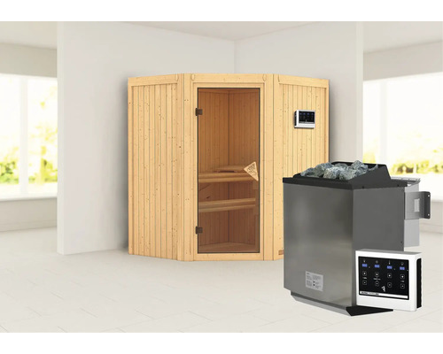 Elementsauna Karibu Maurin inkl. 9 kW Bio Ofen u.ext.Steuerung ohne Dachkranz mit bronzierter Ganzglastüre Elementsauna Karibu Maurin inkl. 9 kW Bio Ofen u.ext.Steuerung ohne Dachkranz mit bronzierter Ganzglastüre
