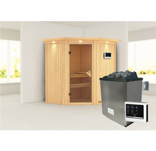 Elementsauna Karibu Maurin inkl. 9 kW Ofen u.ext.Steuerung mit Dachkranz und bronzierter Ganzglastüre