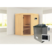 Elementsauna Karibu Maurin inkl. 9 kW Ofen u.ext.Steuerung ohne Dachkranz mit Ganzglastüre aus Klarglas