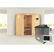 Elementsauna Karibu Maurin inkl. 9 kW Ofen u.ext.Steuerung mit Dachkranz und Ganzglastüre aus Klarglas