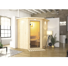 Elementsauna Karibu Maurin ohne Ofen mit Dachkranz und Ganzglastüre aus Klarglas