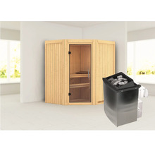 Elementsauna Karibu Maurin inkl. 9 kW Ofen u.integr.Steuerung ohne Dachkranz mit Ganzglastüre aus Klarglas