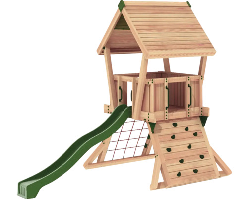 Spielturm mit Rutsche, Kletterwand und Netz