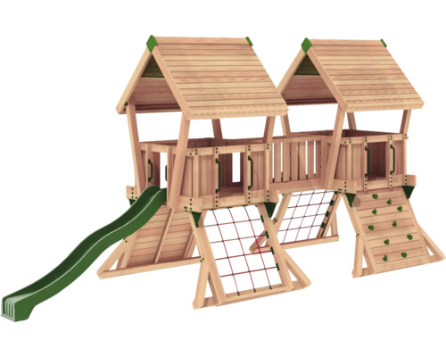 Spielturm mit Rutsche, Kletterwand und Kletternetz für den Garten