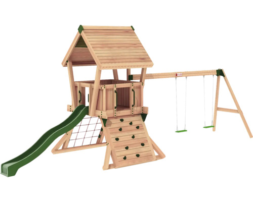 Spielturm aus Holz mit Rutsche, Kletterwand, Netz und Schaukel