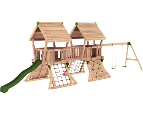 Spielturm aus Holz mit Rutsche, Kletterwand und Schaukel