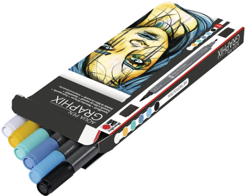 Marabu Aqua Pen Graphix Set Metropolitan mit sechs Stiften in geöffneter Verpackung.