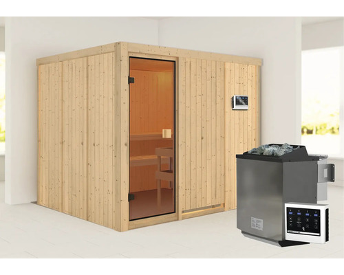 Elementsauna Karibu Nybro inkl. 9 kW Bio Ofen u.ext.Steuerung ohne Dachkranz mit bronzierter Ganzglastüre