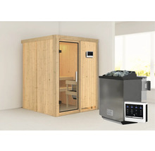 Elementsauna Karibu Norina inkl. 9 kW Bio Ofen u.ext.Steuerung ohne Dachkranz mit Ganzglastüre aus Klarglas