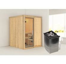 Elementsauna Karibu Norina inkl. 9 kW Ofen u.integr.Steuerung ohne Dachkranz mit Ganzglastüre aus Klarglas