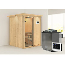 Elementsauna Karibu Norina inkl. 9 kW Bio Ofen u.ext.Steuerung mit Dachkranz und Ganzglastüre aus Klarglas