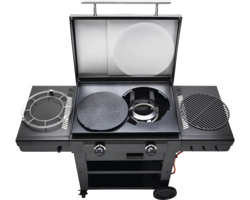 Gasgrill mit offener Haube und verschiedenen Grillflächen