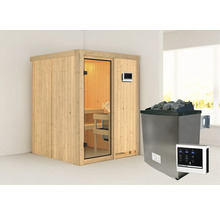 Elementsauna Karibu Norina inkl. 9 kW Ofen u.ext.Steuerung ohne Dachkranz mit bronzierter Ganzglastür