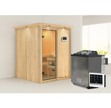 Elementsauna Karibu Norina inkl. 9 kW Bio Ofen u.ext.Steuerung mit Dachkranz und bronzierter Ganzglastüre
