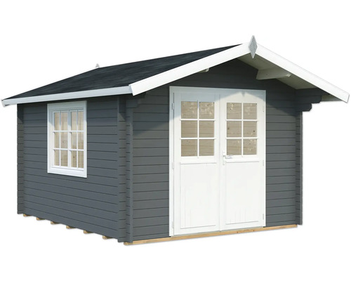 Gartenhaus Palmako Sally 10,2 m² inkl. Fußboden 362 x 440 cm dunkelgrau-weiß Graues Gartenhaus mit Fenster und Doppeltür