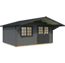Graues Gartenhaus aus Holz mit Fenster und Doppeltür