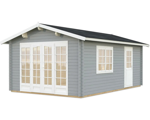 Gartenhaus Palmako Irene 19,0 m² inkl. Fußboden 426 x 598 cm hellgrau-weiß Graues Gartenhaus mit Fenster und Doppeltür