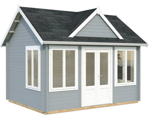 Gartenhaus Palmako Claudia 11,5 m² inkl. Fußboden 444 x 354 cm hellgrau-weiß Gartenhaus aus Holz mit Fenster und Doppeltür