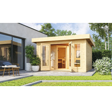 Saunahaus Karibu Nordina inkl.9 kW Bio Ofen u.ext.Steuerung mit Vorraum und Holztüre mit Isolierglas wärmegedämmt