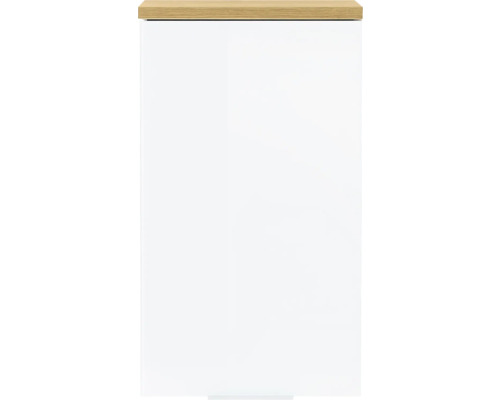 Weißer Badezimmerschrank mit Holzplatte