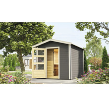 Saunahaus Karibu Nosse 1 inkl. 9 kW Ofen u.ext. Steuerung mit Vorraum und Holztüre mit Klarglas terragrau/weiß