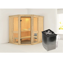 Elementsauna Karibu Omelia 1 inkl. 9 kW Ofen u.integr.Steuerung ohne Dachkranz mit bronzierter Ganzglastüre