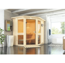 Helle Badezimmerszene mit einer Holzsauna mit Glastür, einem Waschbecken und einer Badewanne