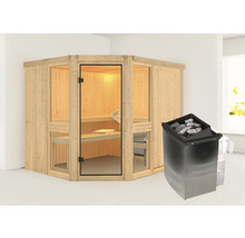 Elementsauna Karibu Omelia 3 inkl. 9 kW Ofen u.integr.Steuerung ohne Dachkranz mit bronzierter Ganzglastüre