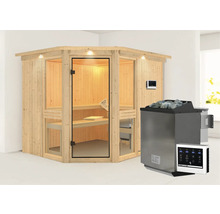 Elementsauna Karibu Omelia 3 inkl. 9 kW Bio Ofen u.ext.Steuerung mit Dachkranz und bronzierter Ganzglastüre