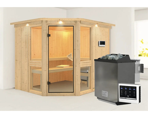 Elementsauna Karibu Omelia 3 inkl. 9 kW Bio Ofen u.ext.Steuerung mit Dachkranz und bronzierter Ganzglastüre