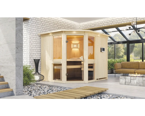 Elementsauna Karibu Omelia 3 inkl. 9 kW Ofen u.ext.Steuerung mit Dachkranz und bronzierter Ganzglastüre