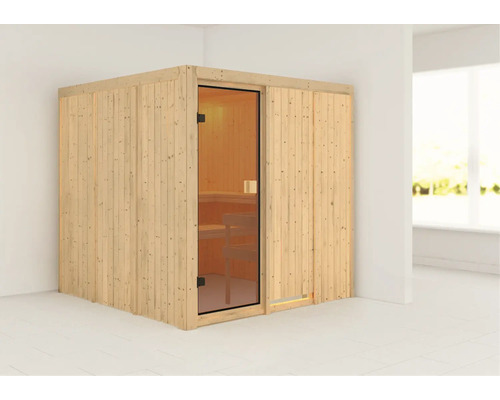 Finnische Sauna mit Glastür und Holzwänden.