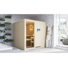 Holz Sauna mit Bänken und Steuerungselement in einem hellen Raum mit Pflanzenwand und Badewanne