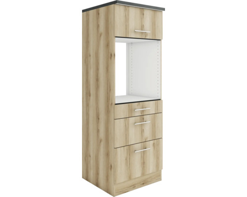 Optifit Backofenhochschrank mit Auszügen Livorno290 BxTxH 60 x 60 x 174,4 cm wildeiche matt strukturiert zerlegt Anschlag reversibel KULI MHB636-9+ Küchenhochschrank mit einer Tür, einem offenen Fach und drei Schubladen