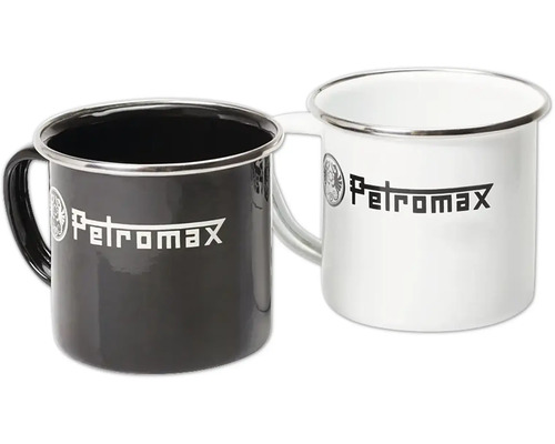Zwei Emaille Tassen mit Petromax Logo