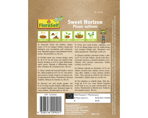 Sweet Horizon Pisum sativum Erbsensamenpackung mit Produktinformationen von FloraSelf