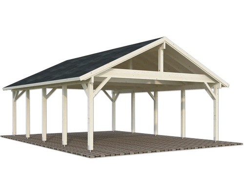 Holzcarport mit Stegplatten auf Pflastersteinen