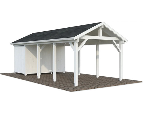 Einzelcarport Palmako Robert 23,1 m² inkl. Geräteraum 315 x 732 cm grundiert weiß Weißer Holzcarport mit Geräteschuppen und dunklem Dach