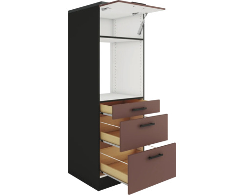 Hochschrank mit drei Schubladen und einem offenen Fach mit hochklappbarer Tür