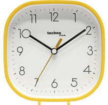 Analoger Wecker mit gelbem Rahmen und weißem Zifferblatt