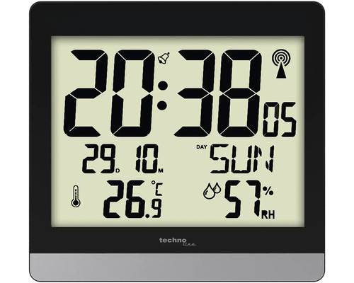 Funkuhr Tischuhr Wanduhr schwarz 20x18,9x2,9 cm Techno Line Funk-Wetterstation mit Anzeige von Uhrzeit, Datum, Temperatur und Luftfeuchtigkeit