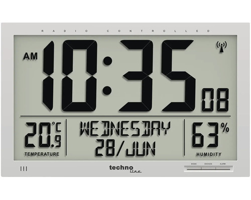 Funkuhr Tischuhr Wanduhr silber 36,9x27x2,4 cm Funkgesteuerte Wetterstation mit Anzeige von Uhrzeit, Datum, Temperatur und Luftfeuchtigkeit