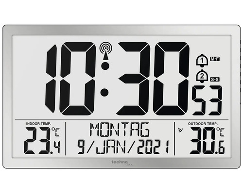 Funkuhr Tischuhr Wanduhr silber 37,3x22,8x3 cm Funkwanduhr mit Anzeige von Innen- und Außentemperatur, Datum und Uhrzeit