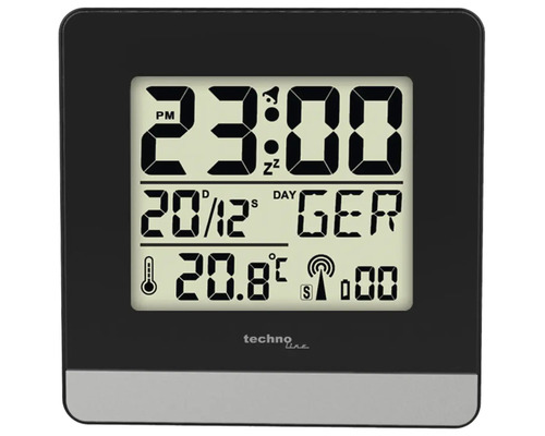 Funkwecker schwarz 7,9x7,9x3 cm Technoline Funkwecker mit Anzeige von Uhrzeit, Datum, Temperatur und Wochentag